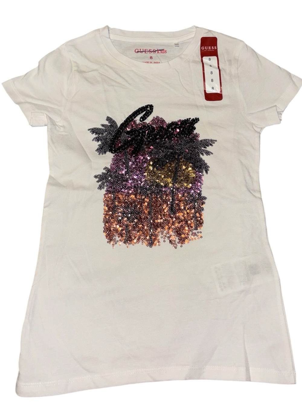 GUESS Girls' White Sequin Palm Tree Tee - NWT- (2) size Mediums